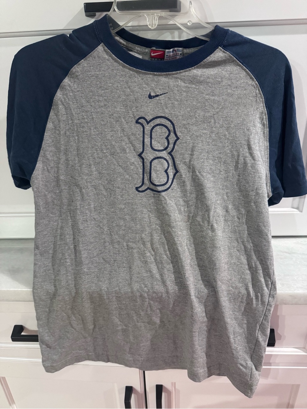 Nike Grey and Navy Raglan Kids Tee with B Logo